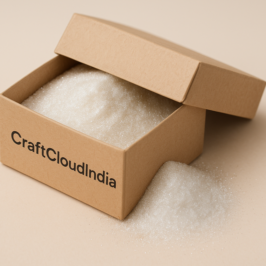 Open cardboard box with 'CraftCloudIndia' branding on a beige background
