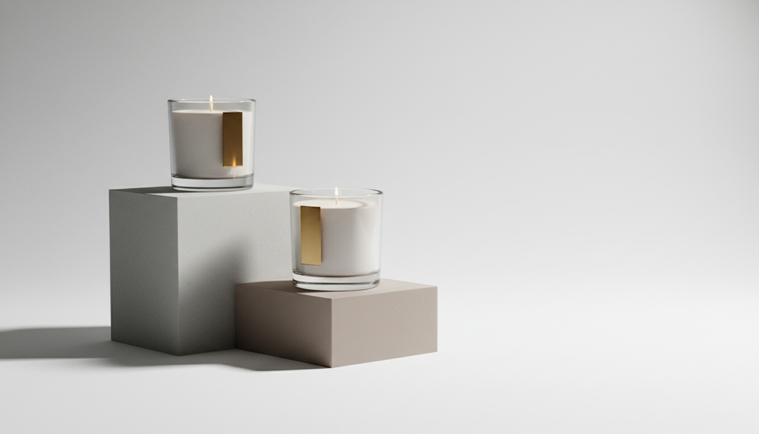 Glass candles on stepped stone plinths — top, heart and base fragrance notes