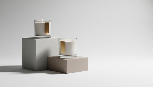 Glass candles on stepped stone plinths — top, heart and base fragrance notes