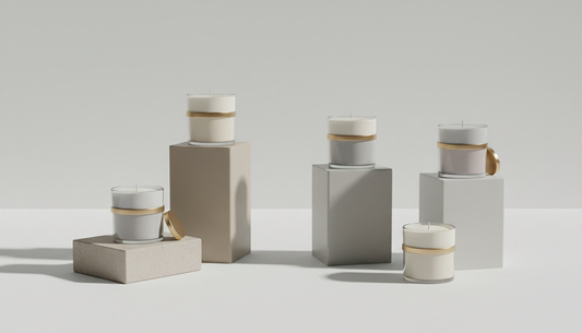 A family of cream candle jars in different sizes — fragrance families