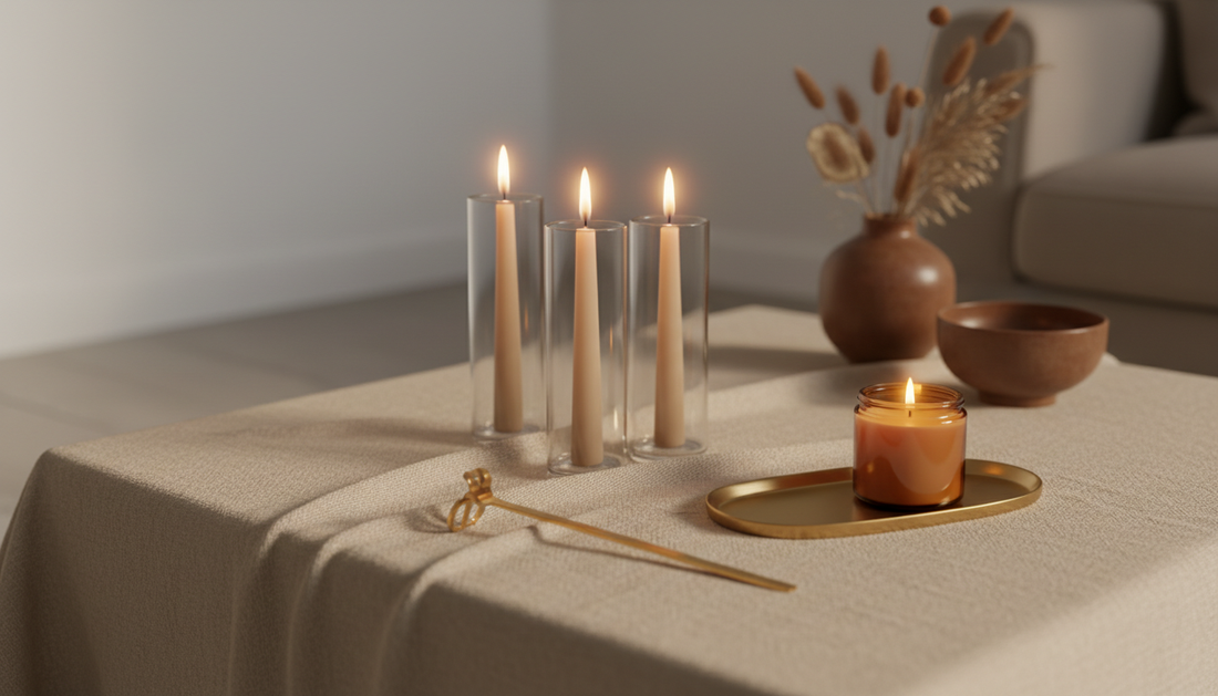 Taper candles and ceramics styled on a console — designer candle layering