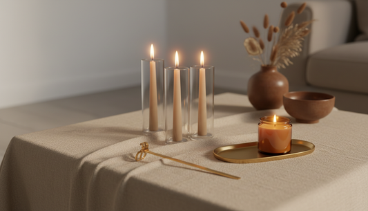 Taper candles and ceramics styled on a console — designer candle layering