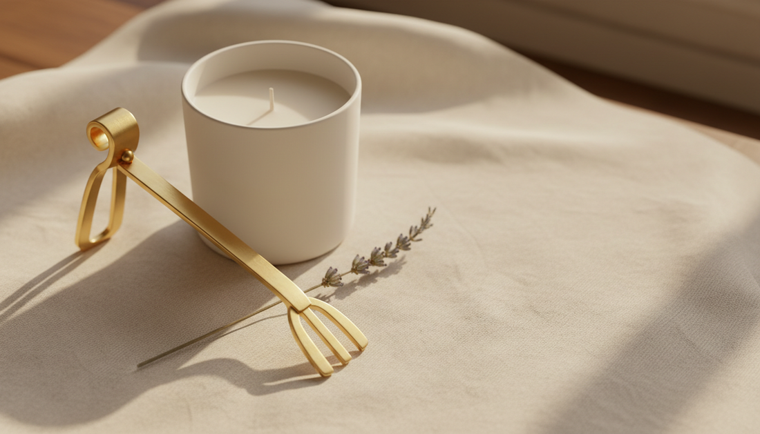 Gold wick trimmer beside a hand-poured candle on linen — candle care ritual