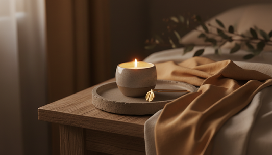 A candle on a bedside table with silk — luxury candles for the bedroom