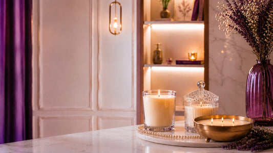 Candleroma jar candles styled on a marble vanity — jar candle buying guide