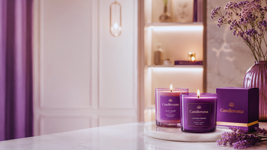 Candleroma purple jar candles styled on a marble shelf with lavender