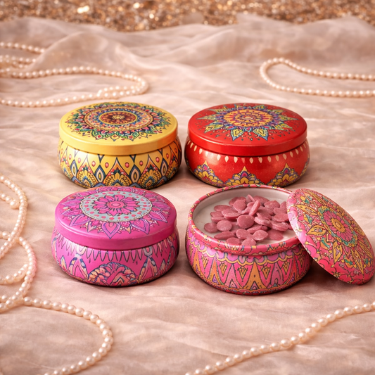Handmade Mandala art tin candles by Candleroma — premium gifting in India