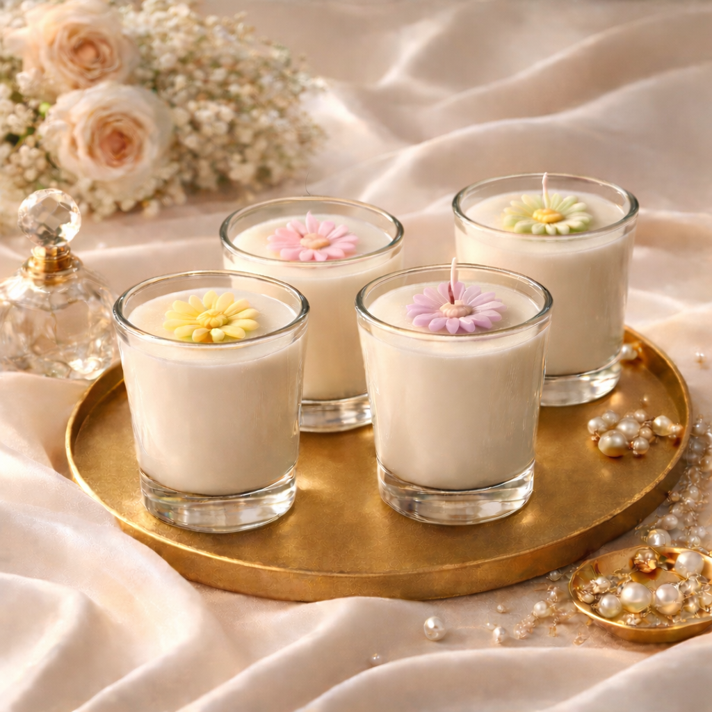 Pastel votive candles with roses and pearls on a gold tray — wedding favors