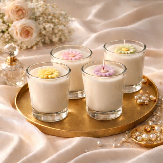 Pastel votive candles with roses and pearls on a gold tray — wedding favors