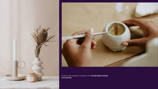 Lit jar candle beside seasonal botanicals on a champagne-gold tray