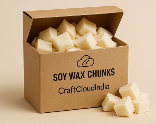 Natural soy wax chunks in a CraftCloudIndia kraft box — sustainable candle making