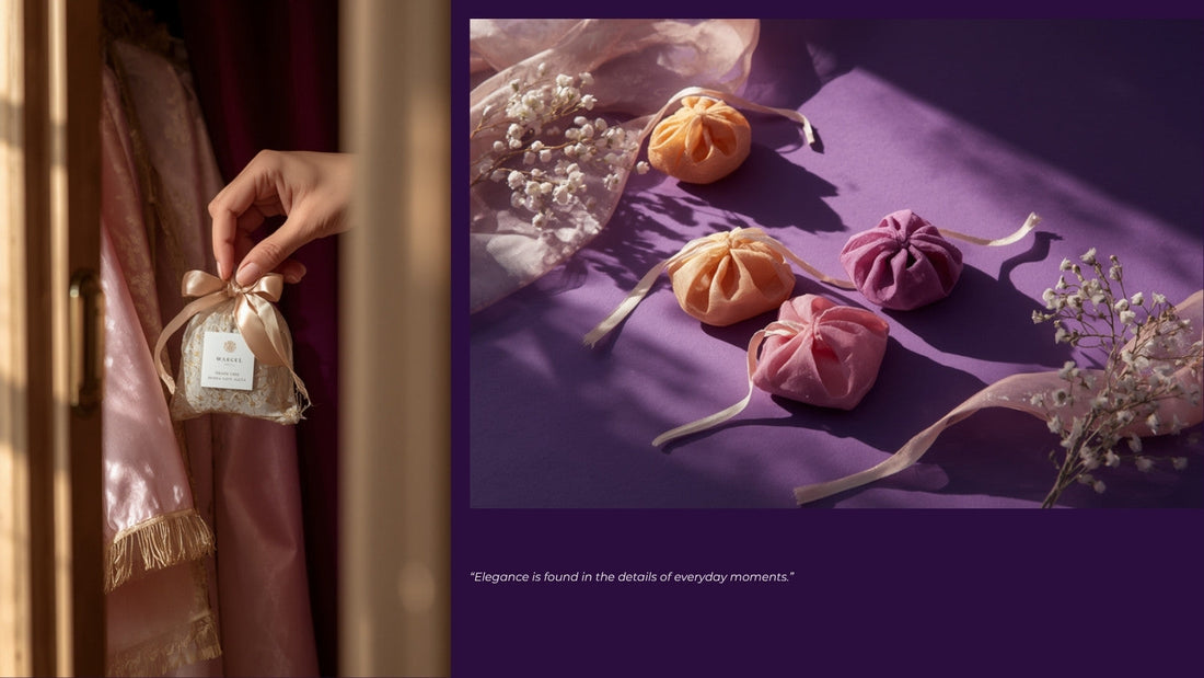 Hand placing a decorative scented wax sachet among folded linen in a wardrobe