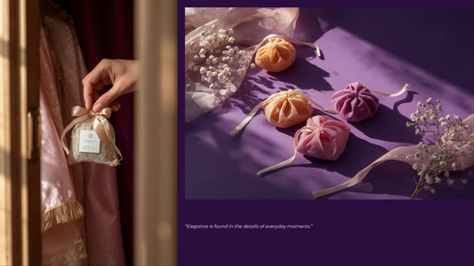 Hand placing a decorative scented wax sachet among folded linen in a wardrobe