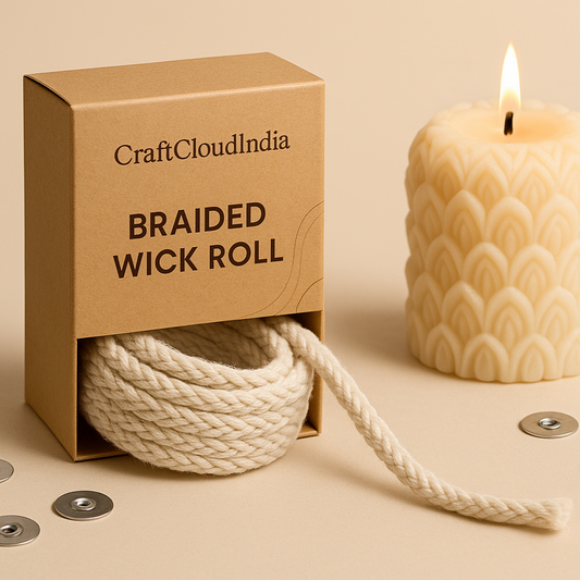 Braided wick roll with packaging and a lit candle on a beige background
