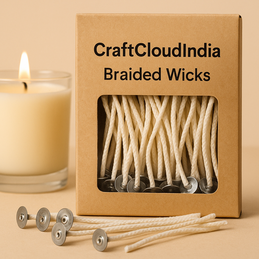 Box of CraftCloudIndia Braided Wicks with a lit candle on a beige background