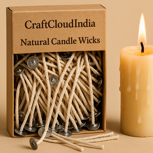 Box of CraftCloudIndia natural candle wicks with a lit candle on a beige background
