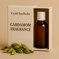 Cardamom fragrance bottle in a box with cardamom pods on a beige background