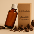Brown bottle and box labeled 'Chocolate Fragrance' with chocolate pieces on a beige background