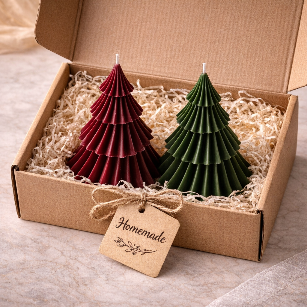 Handmade festive tree candles by Candleroma for Christmas décor
