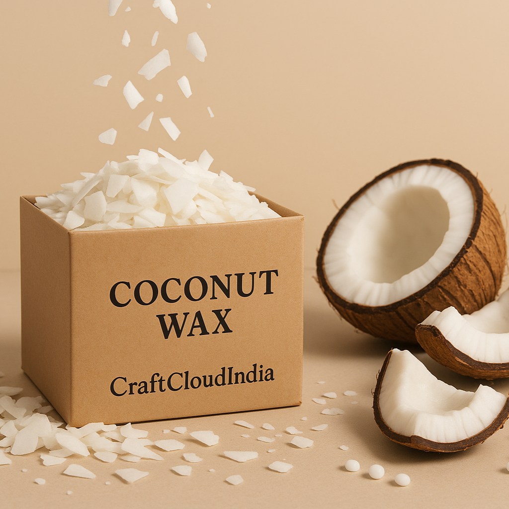 Box of coconut wax with two halves of a coconut on a beige background