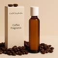Bottle of coffee fragrance with packaging and coffee beans on a beige background