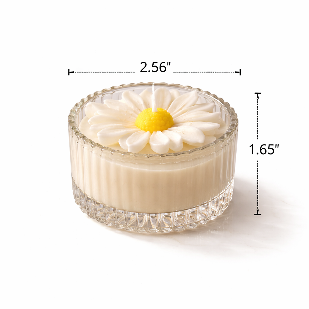 Handmade daisy glass jar candles by Candleroma for luxury home décor