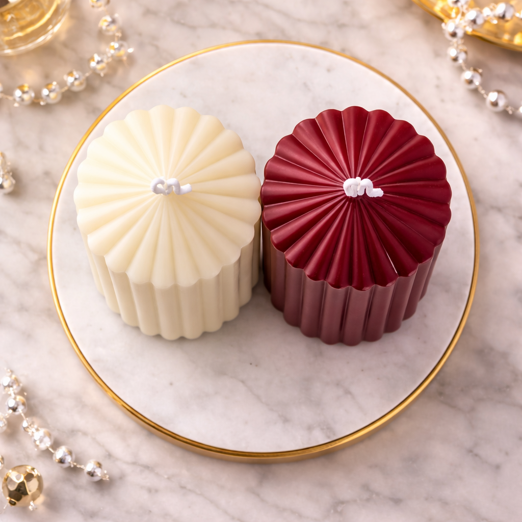 Fluted Pillar Candle Duo Ivory and Crimson by Candleroma additional product image