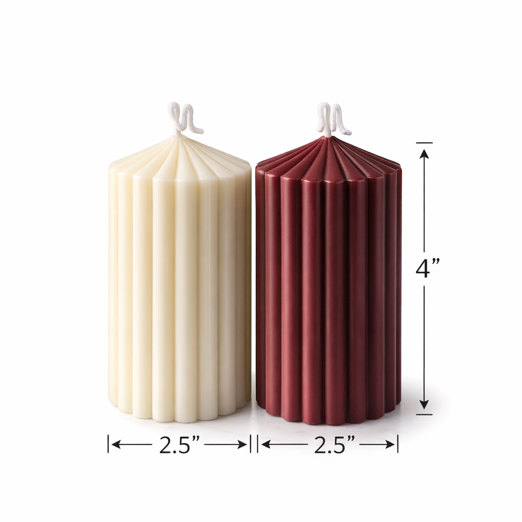 Handmade ivory and crimson fluted pillar candles by Candleroma
