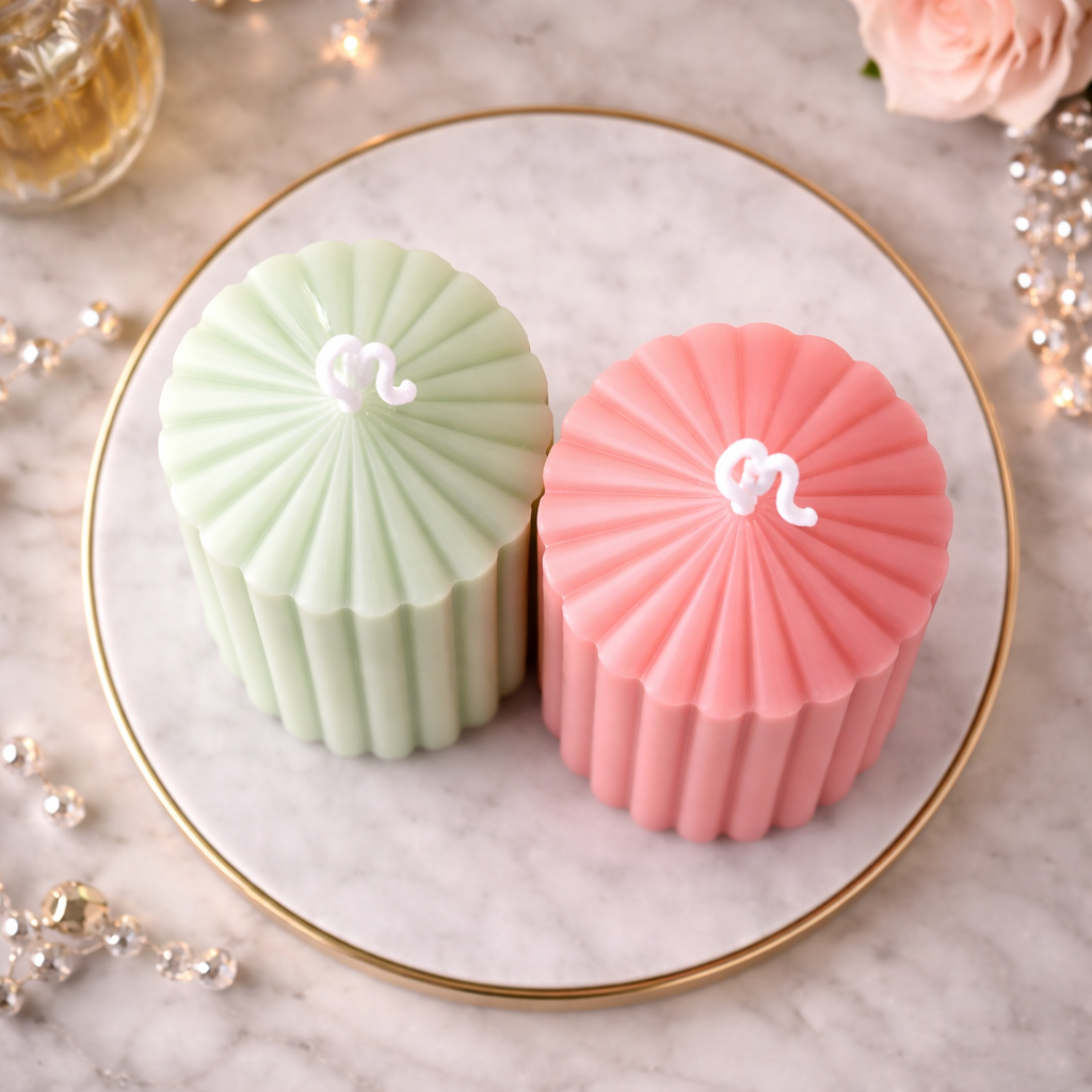 Fluted Pillar Candle Duo Mint Green and Blush Pink by Candleroma additional image