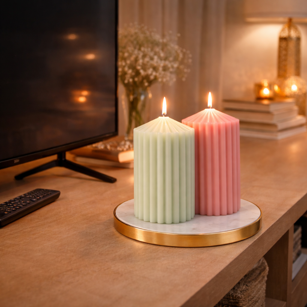 Fluted Pillar Candle Duo Mint Green and Blush Pink handmade by Candleroma additional view