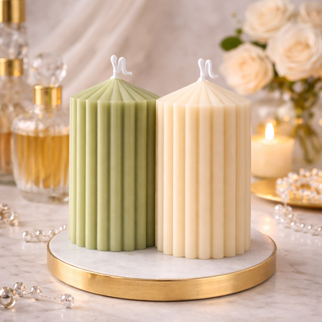 Fluted Pillar Candle Duo Pistachio Green and Vanilla Cream by Candleroma