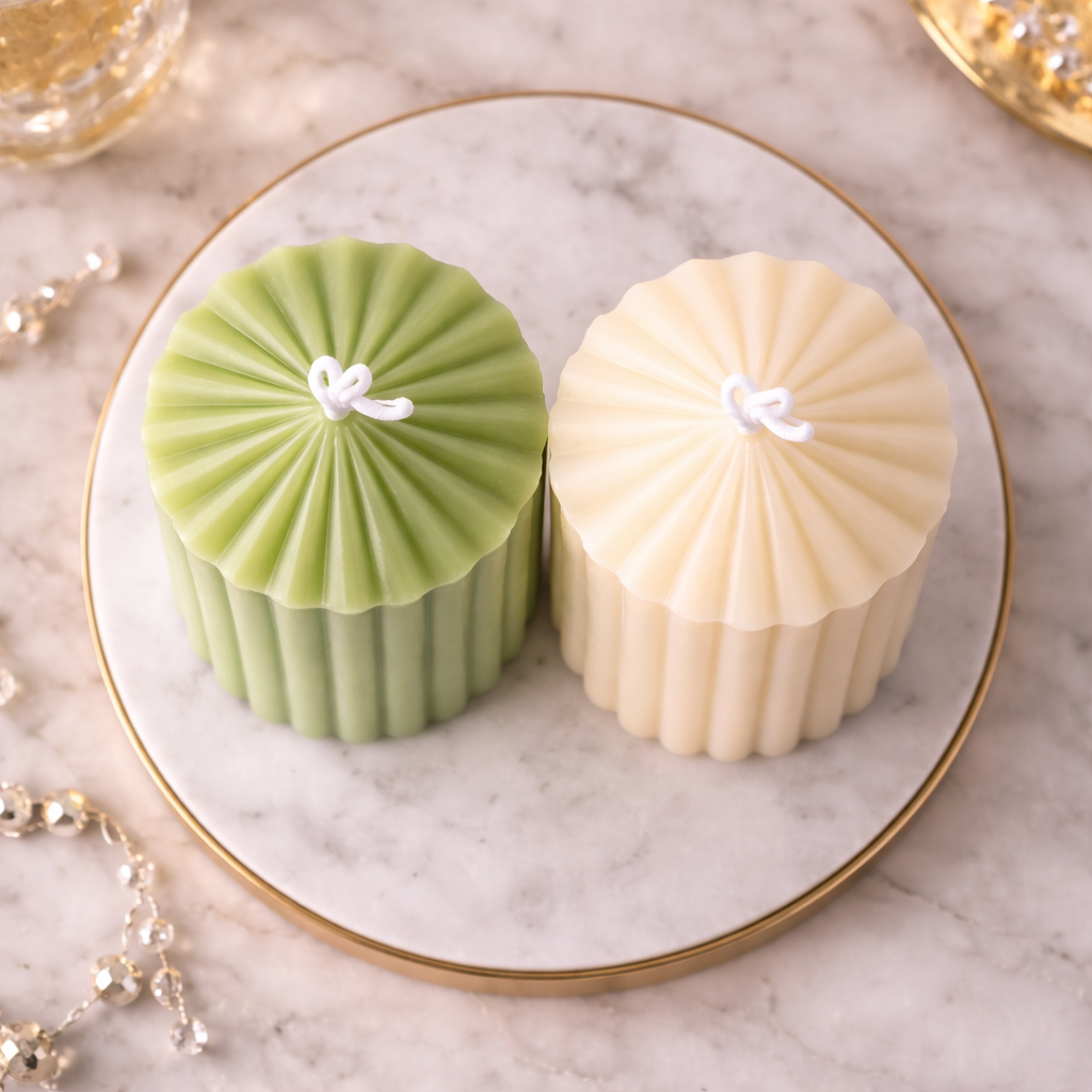 Fluted Pillar Candle Duo Pistachio Green and Vanilla Cream by Candleroma additional image