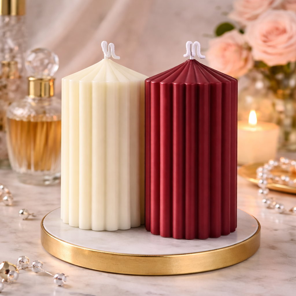 Fluted Pillar Candle Duo Ivory and Crimson by Candleroma handmade pillar candles