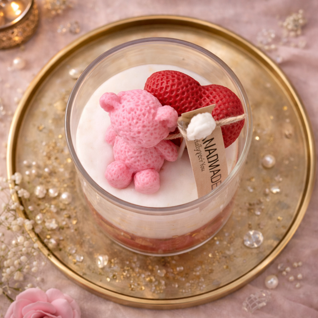 Handmade teddy and heart jar candle by Candleroma for Valentine gifting