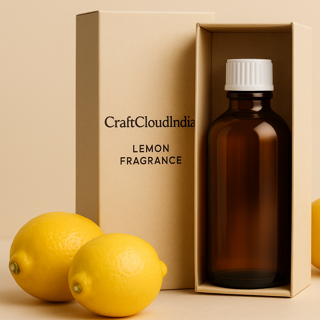 Brown bottle of lemon fragrance with a white cap, surrounded by lemons and a beige box labeled 'CraftCloudIndia' on a beige background.