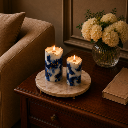 Midnight Blue Marble Pillar Candle - Pack of 2