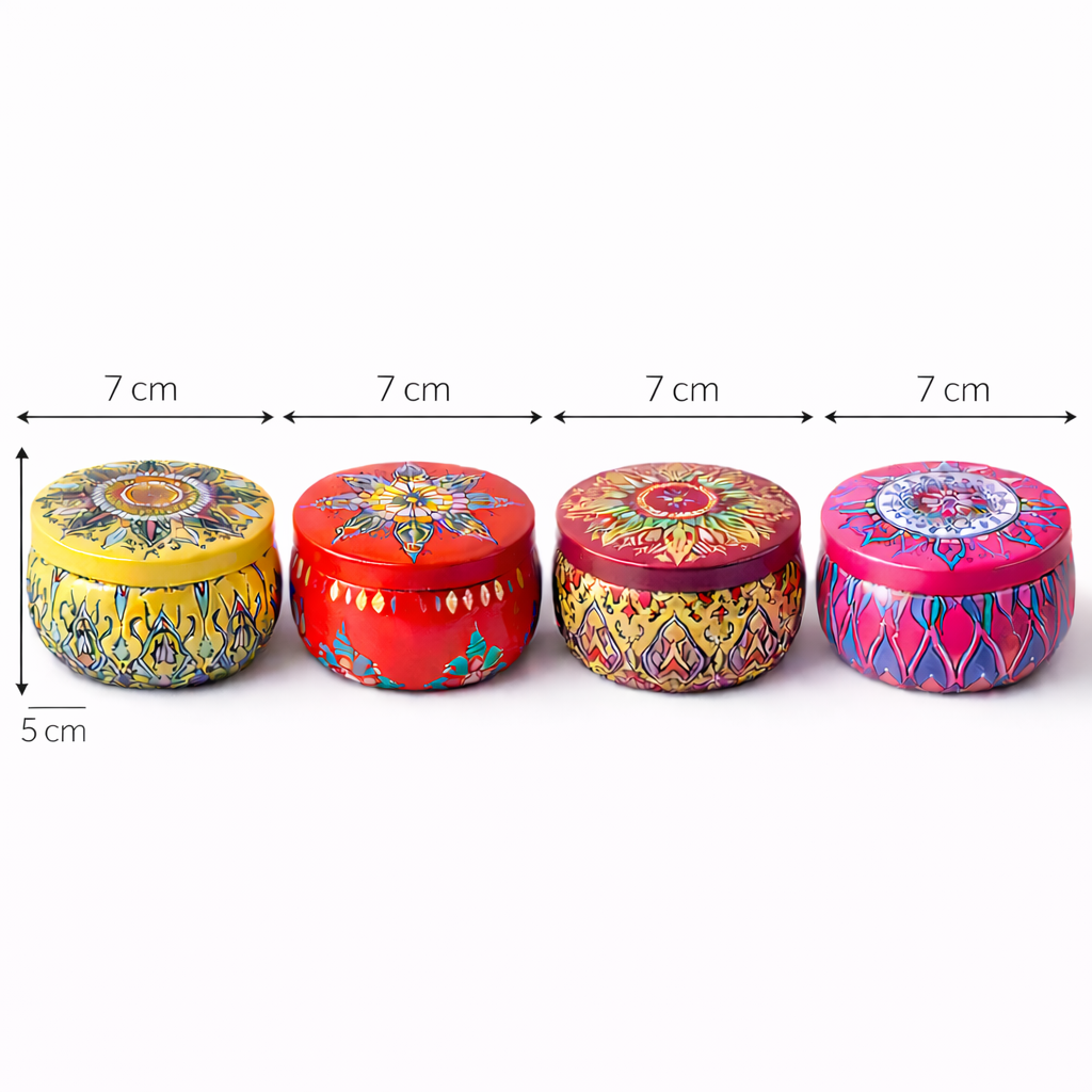 Handmade mandala tin candle by Candleroma for travel and gifting