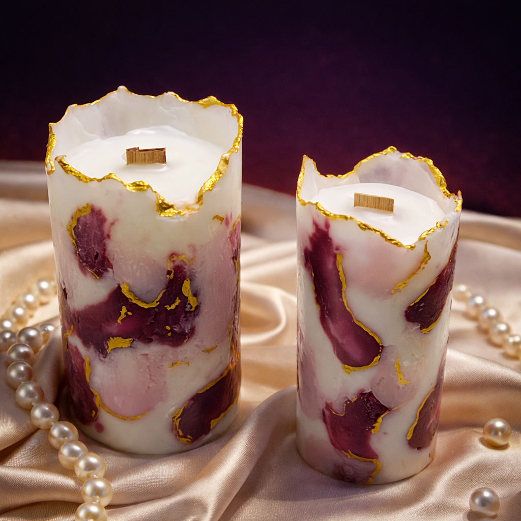 Burgundy Marble Pillar Candle Set of 2 by Candleroma handmade luxury candles