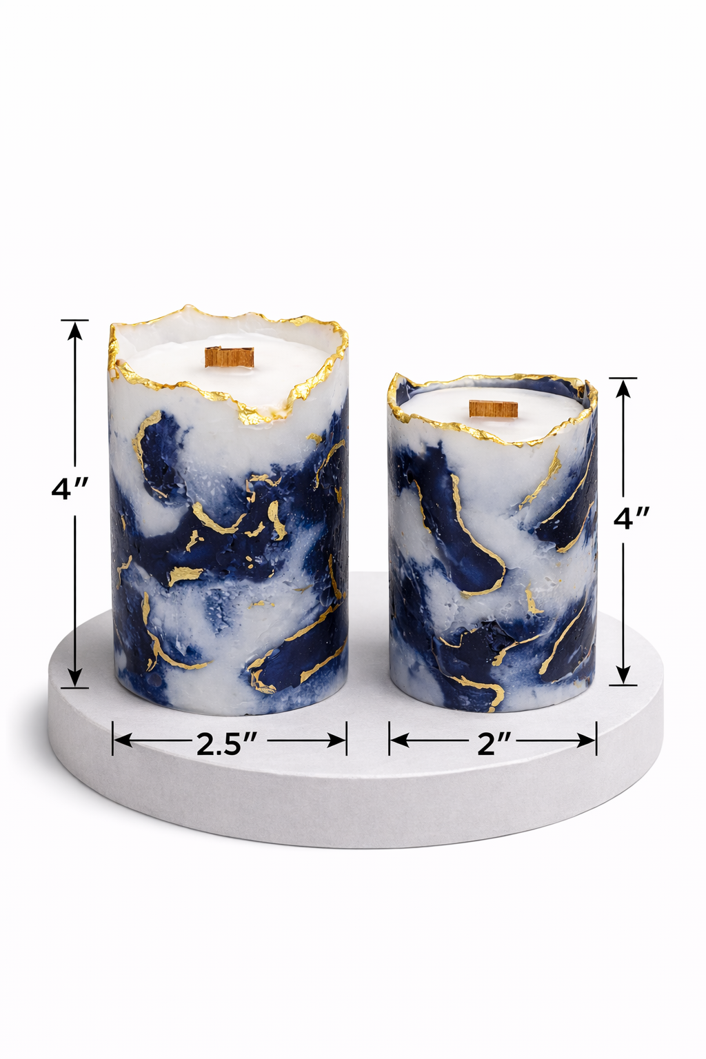 Handmade midnight blue marble pillar candles by Candleroma with gold accents