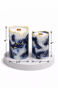 Handmade midnight blue marble pillar candles by Candleroma with gold accents