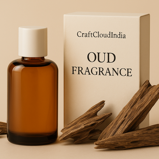 Brown bottle of oud fragrance with packaging and wood pieces on a beige background