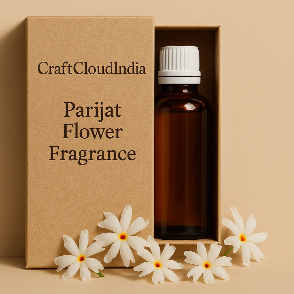 Parijat Flower Fragrance bottle with packaging and flowers on a beige background