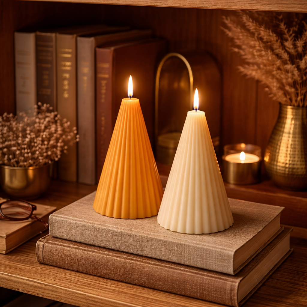 Fluted cone decorative pillar candles handmade by Candleroma additional view