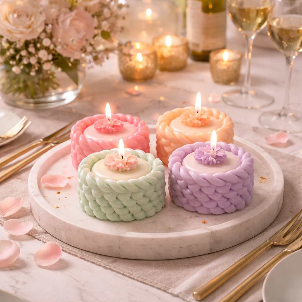 Pastel twisted rope candles with floral wax accents by Candleroma