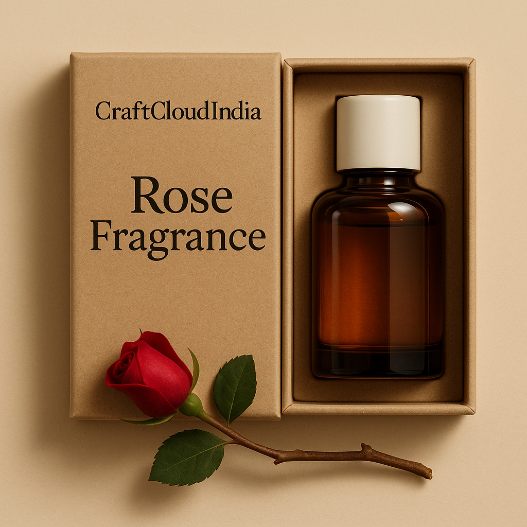 Rose fragrance bottle in a box with 'CraftCloudIndia' branding on a beige background