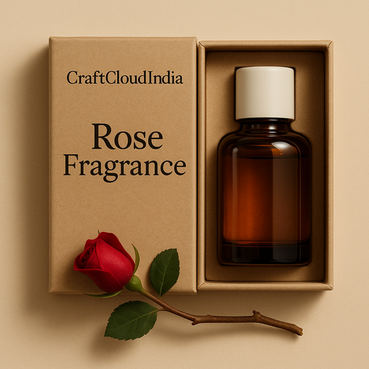 Rose fragrance bottle in a box with 'CraftCloudIndia' branding on a beige background