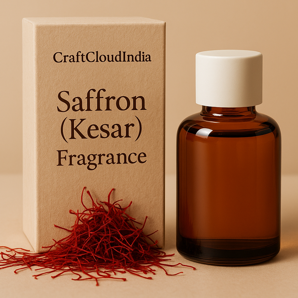 Saffron fragrance bottle and packaging on a beige background