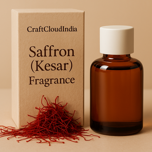 Saffron fragrance bottle and packaging on a beige background