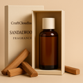 Sandalwood fragrance bottle and sticks in a CraftCloudin box on a beige background