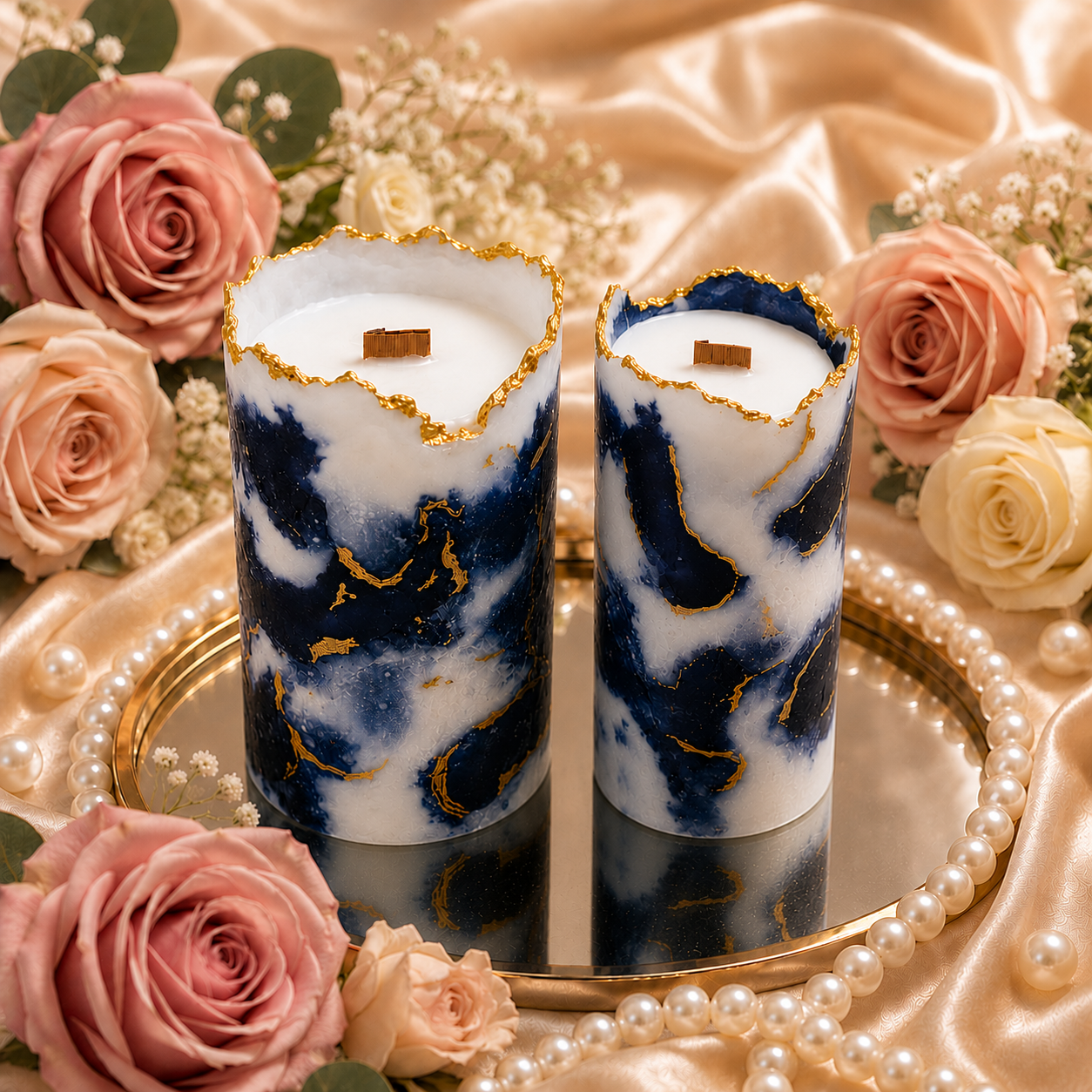 Midnight Blue Marble Pillar Candle - Pack of 2